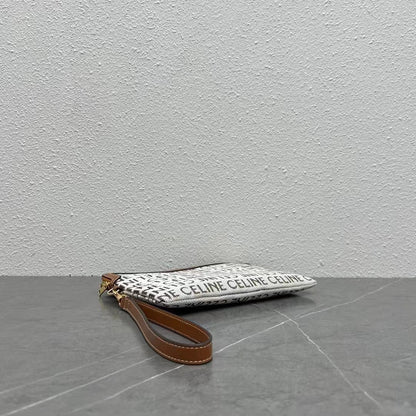 Celine 2026 Pouch With Strap 24cm White Tan Textile Calfskin 281834