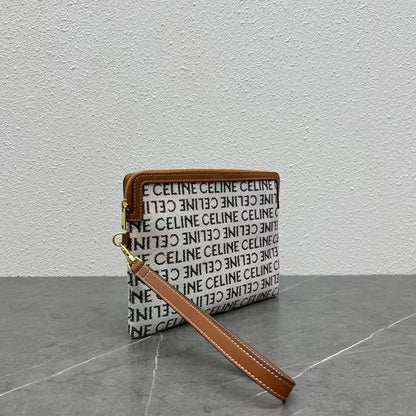 Celine 2026 Pouch With Strap 24cm White Tan Textile Calfskin 281834