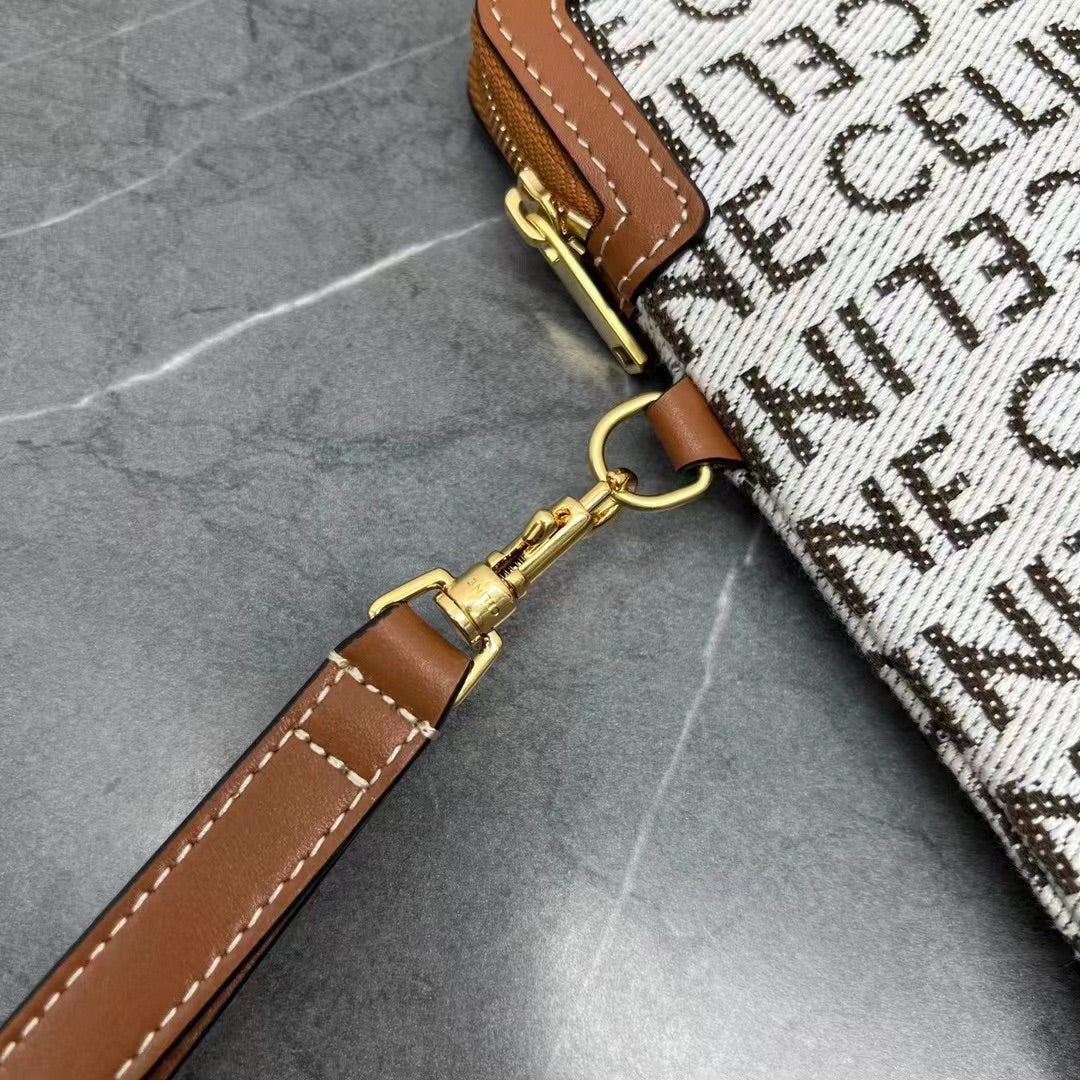 Celine 2026 Pouch With Strap 24cm White Tan Textile Calfskin 281834
