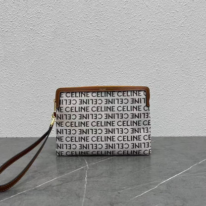 Celine 2026 Pouch With Strap 24cm White Tan Textile Calfskin 281834