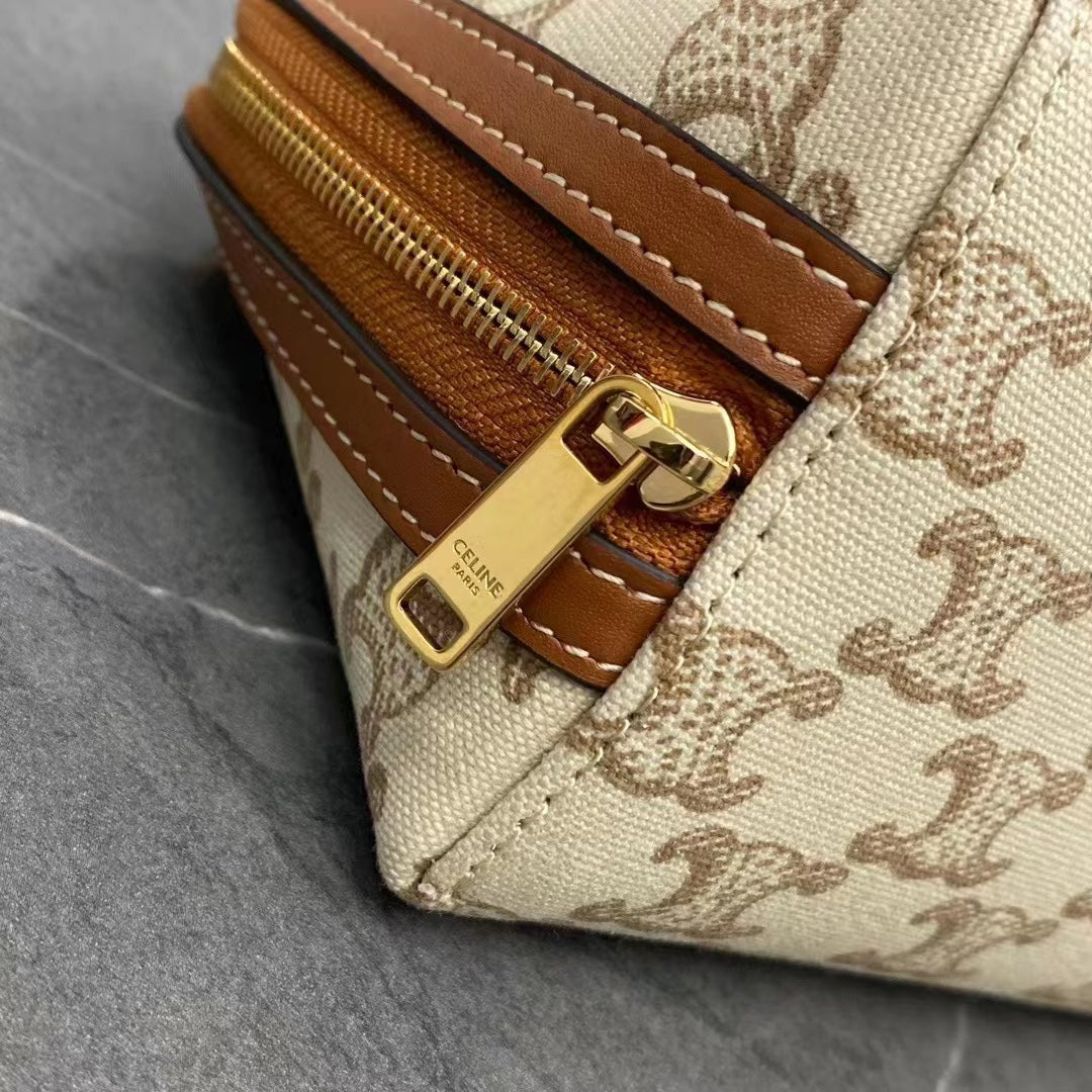 Celine 2026 Cuir Triomphe Clutch On Chain White Brown Canvas Calfskin