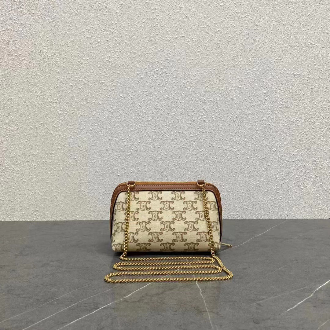 Celine 2026 Cuir Triomphe Clutch On Chain White Brown Canvas Calfskin