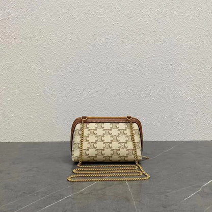 Celine 2026 Cuir Triomphe Clutch On Chain White Brown Canvas Calfskin