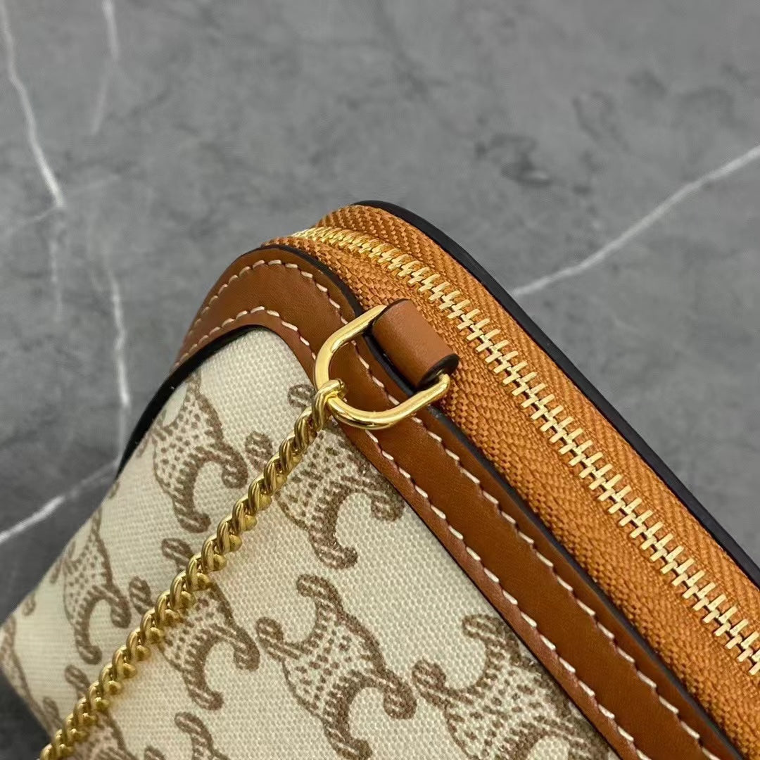 Celine 2026 Cuir Triomphe Clutch On Chain White Brown Canvas Calfskin