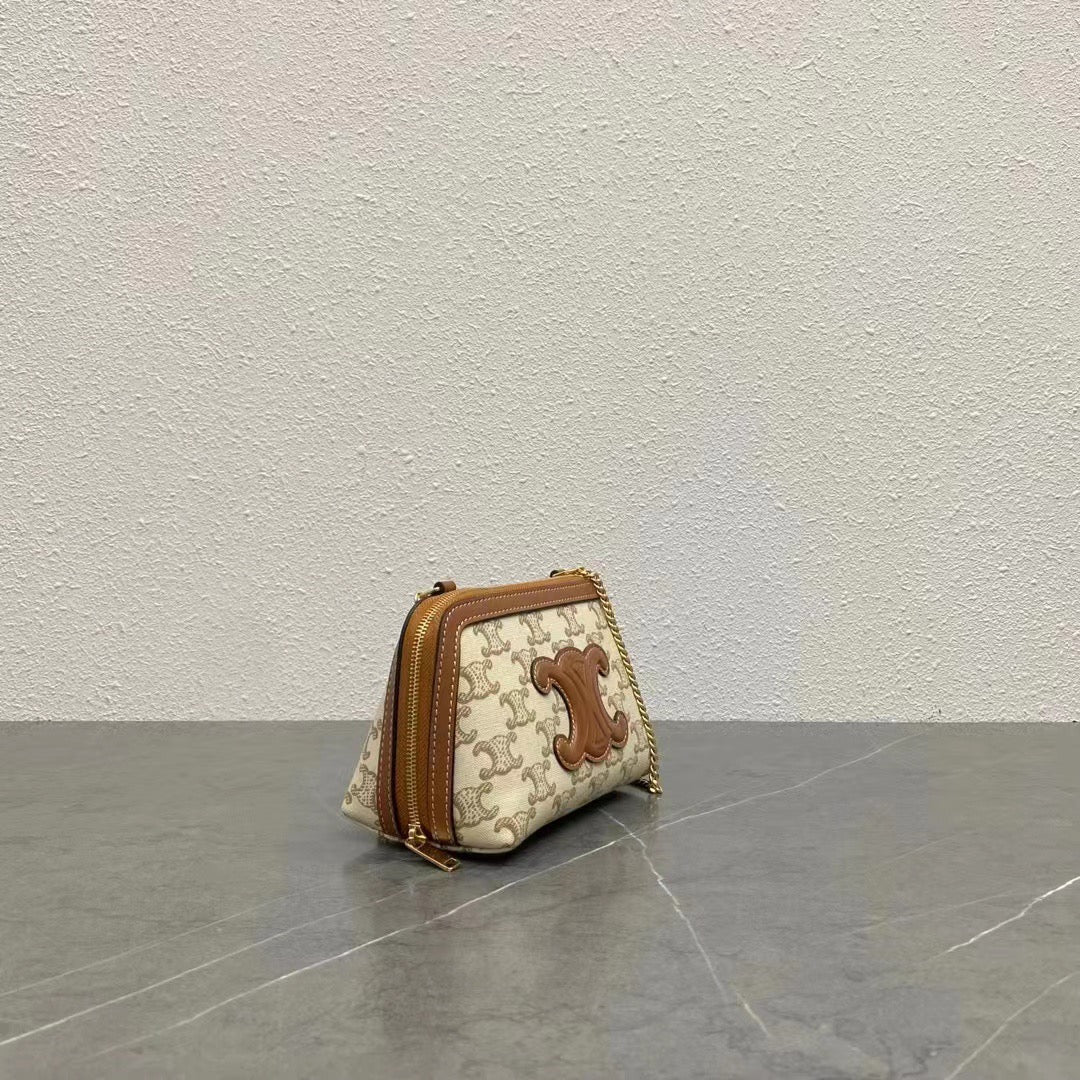 Celine 2026 Cuir Triomphe Clutch On Chain White Brown Canvas Calfskin