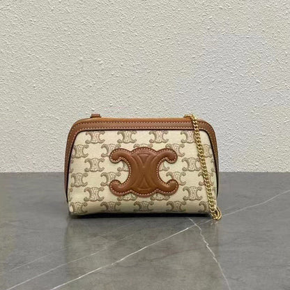 Celine 2026 Cuir Triomphe Clutch On Chain White Brown Canvas Calfskin
