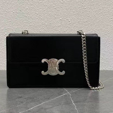 Celine 2026 Chain Shoulder Bag Claude 23cm Black Silver Shiny Calfskin