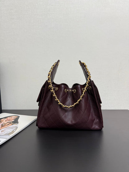 Chanel 2026 Hobo Bag Burgundy Gold Caviar Calfskin