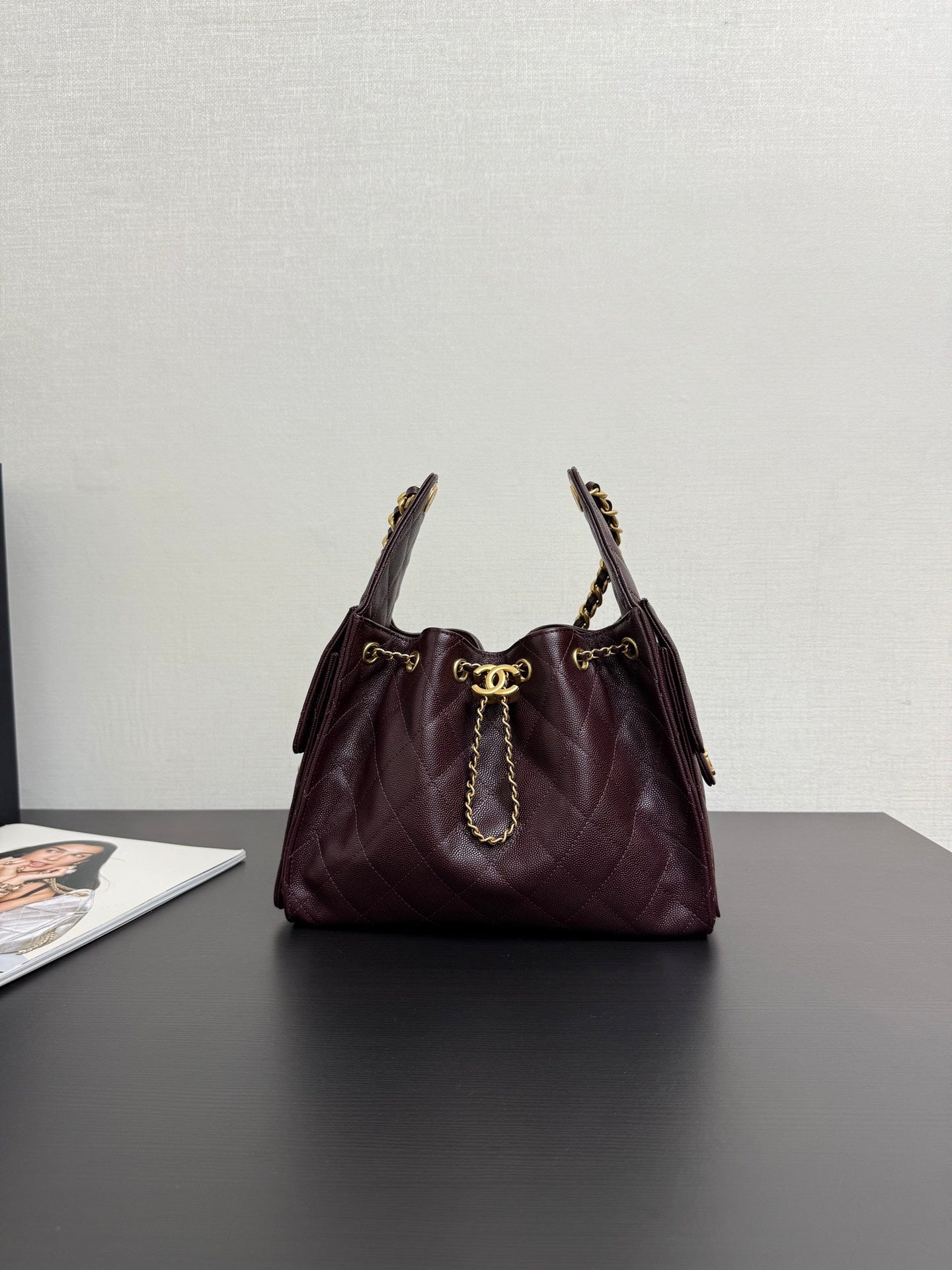 Chanel 2026 Hobo Bag Burgundy Gold Caviar Calfskin