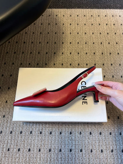 Celine 26  Pointed-Toe Slingback Red Sheepskin 619635