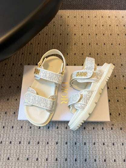 CD 26 Flats Sandals White Beige Sheepskin Embroidered Fabric 621798