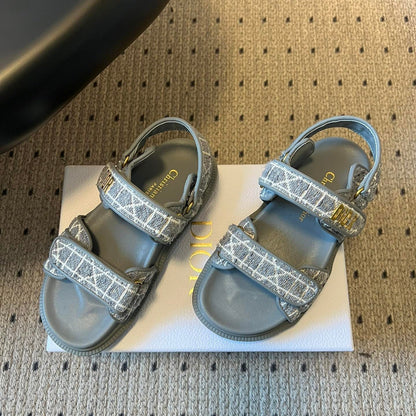 CD 26 Flats Sandals Gray Blue Sheepskin Embroidered Fabric 621800