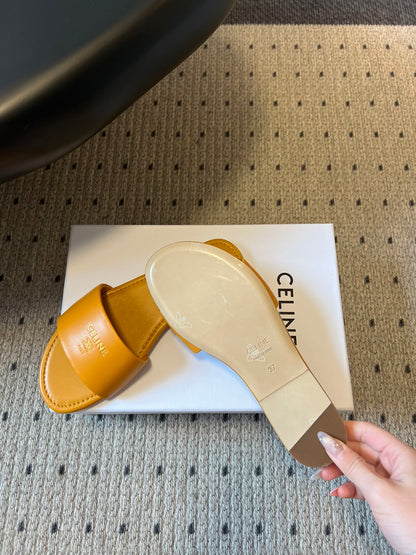 Celine 26  Flat Mule Slippers Mustard Yellow Sheepskin 621529