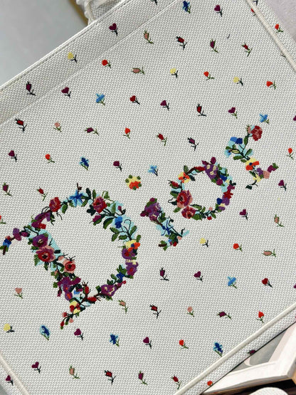 Dior 2026 Book Tote Bag White Multicolor Revolution Flowers Embroidery Canvas 288406