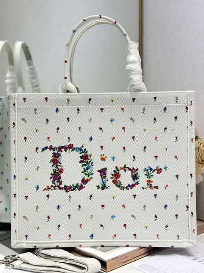 Dior 2026 Book Tote Bag White Multicolor Revolution Flowers Embroidery Canvas 288406