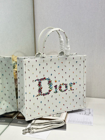 Dior 2026 Book Tote Bag White Multicolor Revolution Flowers Embroidery Canvas 288406