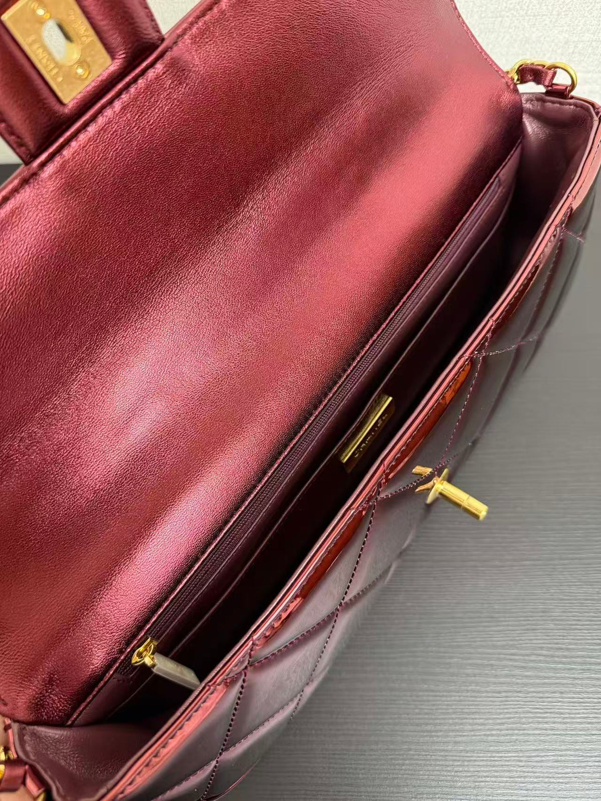 CC Large Flap Bag With Top Handle Burgundy Metallic Calfskin GHW