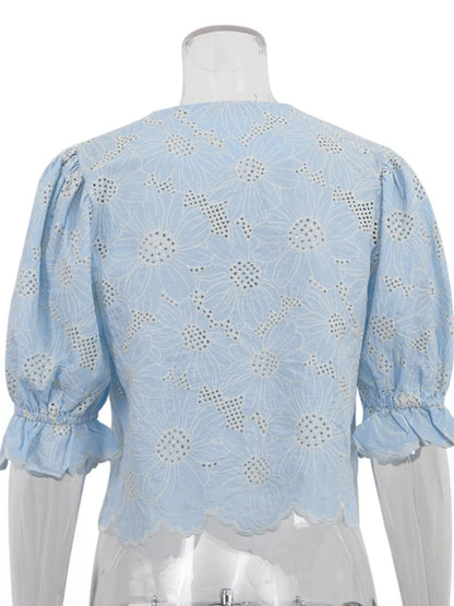 Embroidered Flounce Sleeve Blouse