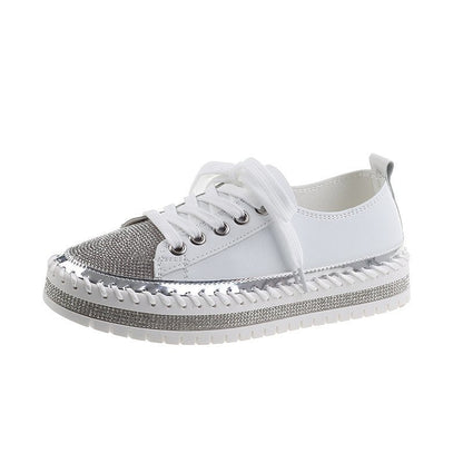 Womens Leopard Sneakers Women Canvas Shoes Leisure Lace-Up Sneakers Rhinestone Shiny Flat Charming Shoes Platform Leisure Low Sneakers