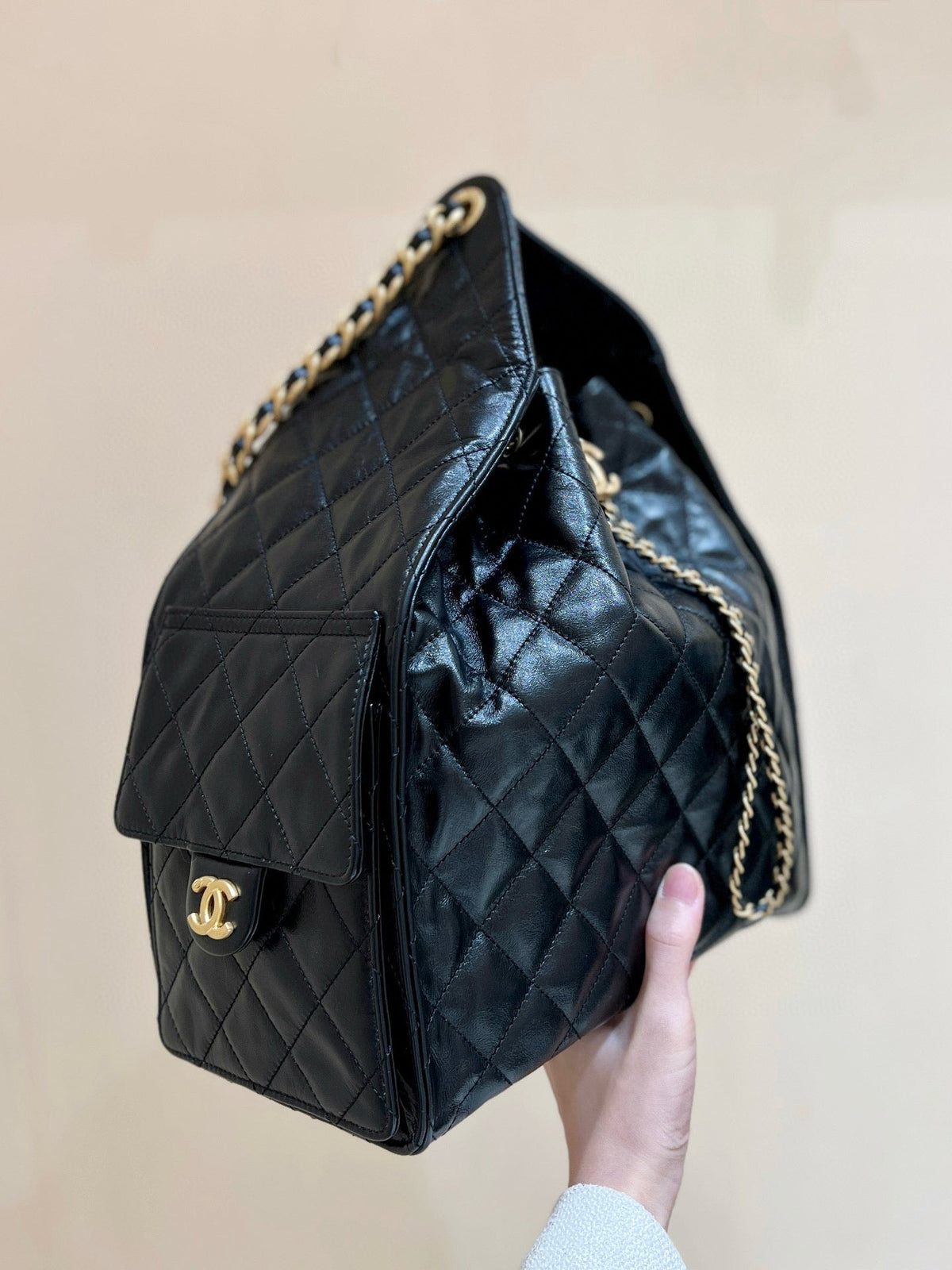 CC 25C Hobo Bag Large 40cm Balck Polished Calfskin Gold Hardware