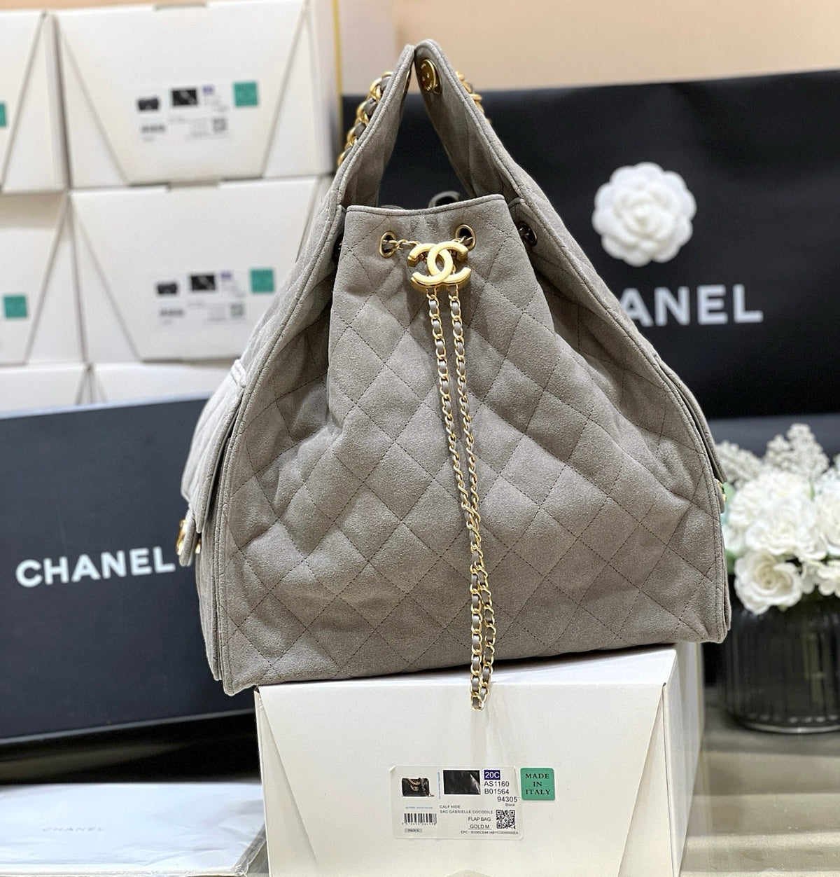 CC 25 Handbag In Gray 40 Suede Calfskin Gold Hardware