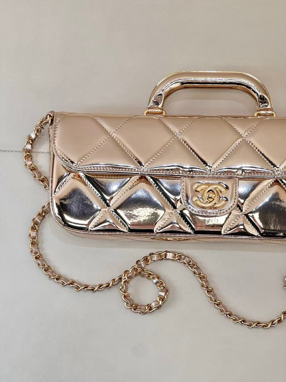 CC 25K Large Flap Bag with Top Handle Chain Strap Gold Metalic Patent Calfskin GHW