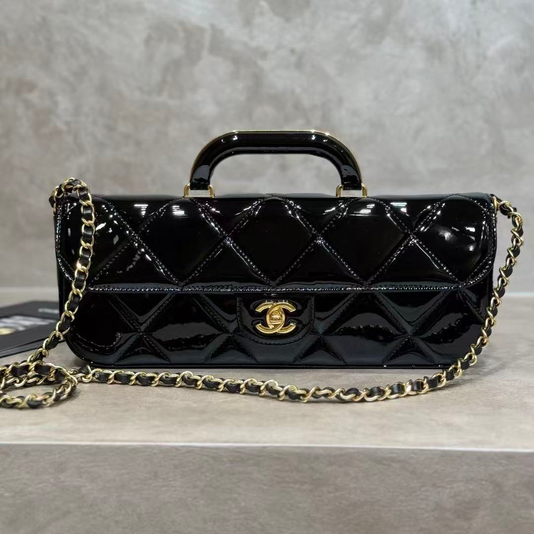 CC 25K Large Flap Bag with Top Handle Chain Strap Black Patent Calfskin GHW