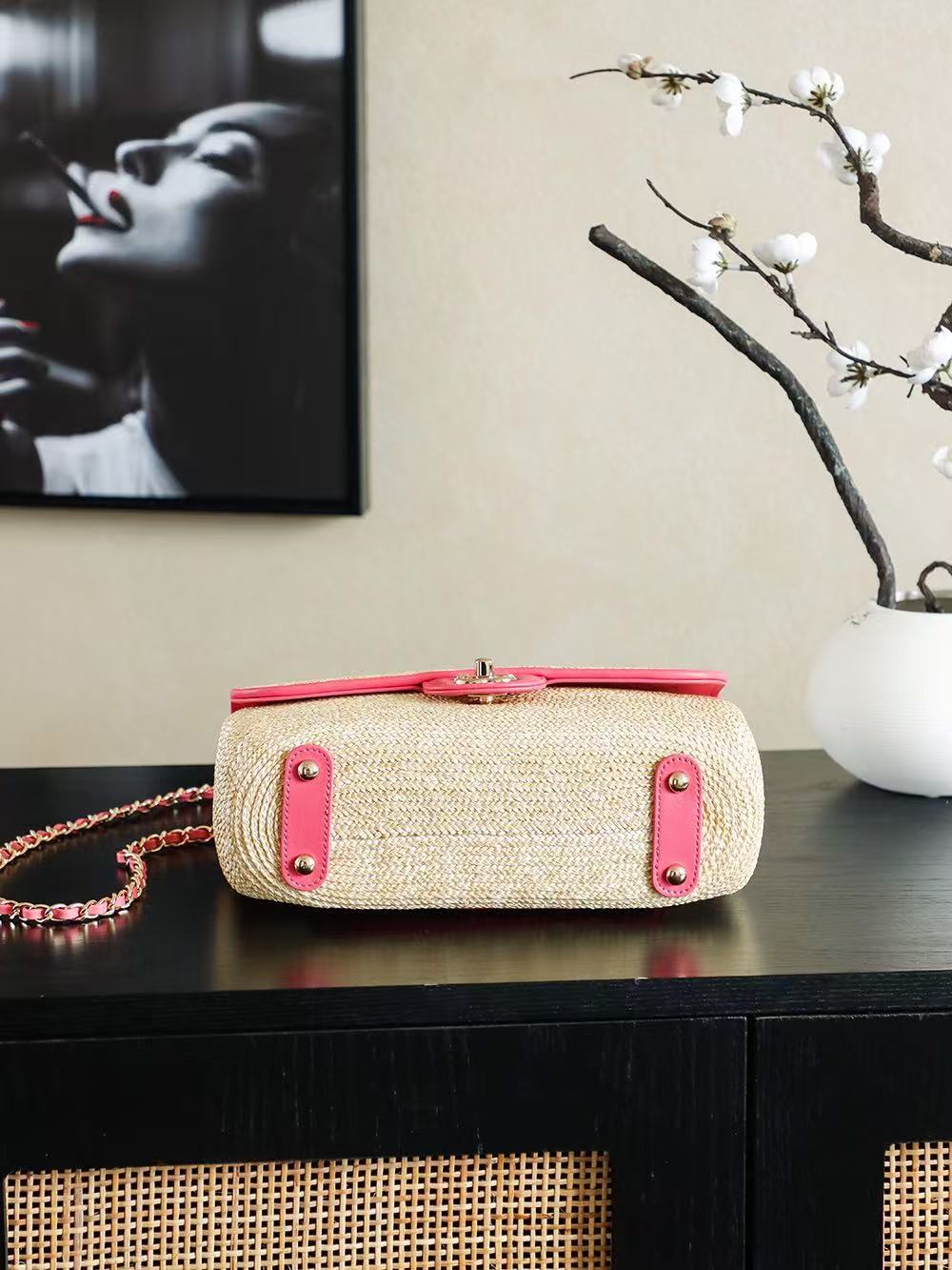 CC 25/26 Smal Flap Bag 23cm Beige Pink Straw Lambskin