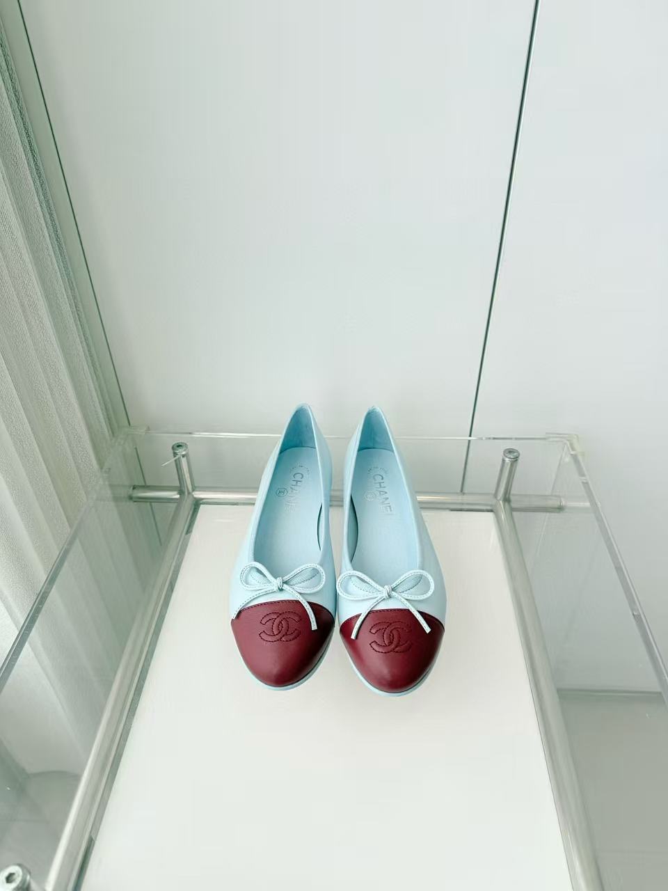 Chanel 2026 Ballet Flat Light Blue And Burgundy Lambskin