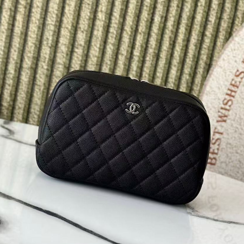 Chanel 2026 Quilted Medium Curvy Pouch Black Caviar Leather