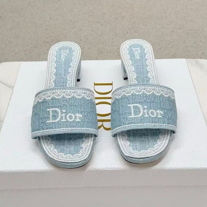 Dior2026 Dentelle Heeled Slide Sky Blue Dior Oblique Embroidered Cotton and White Lace