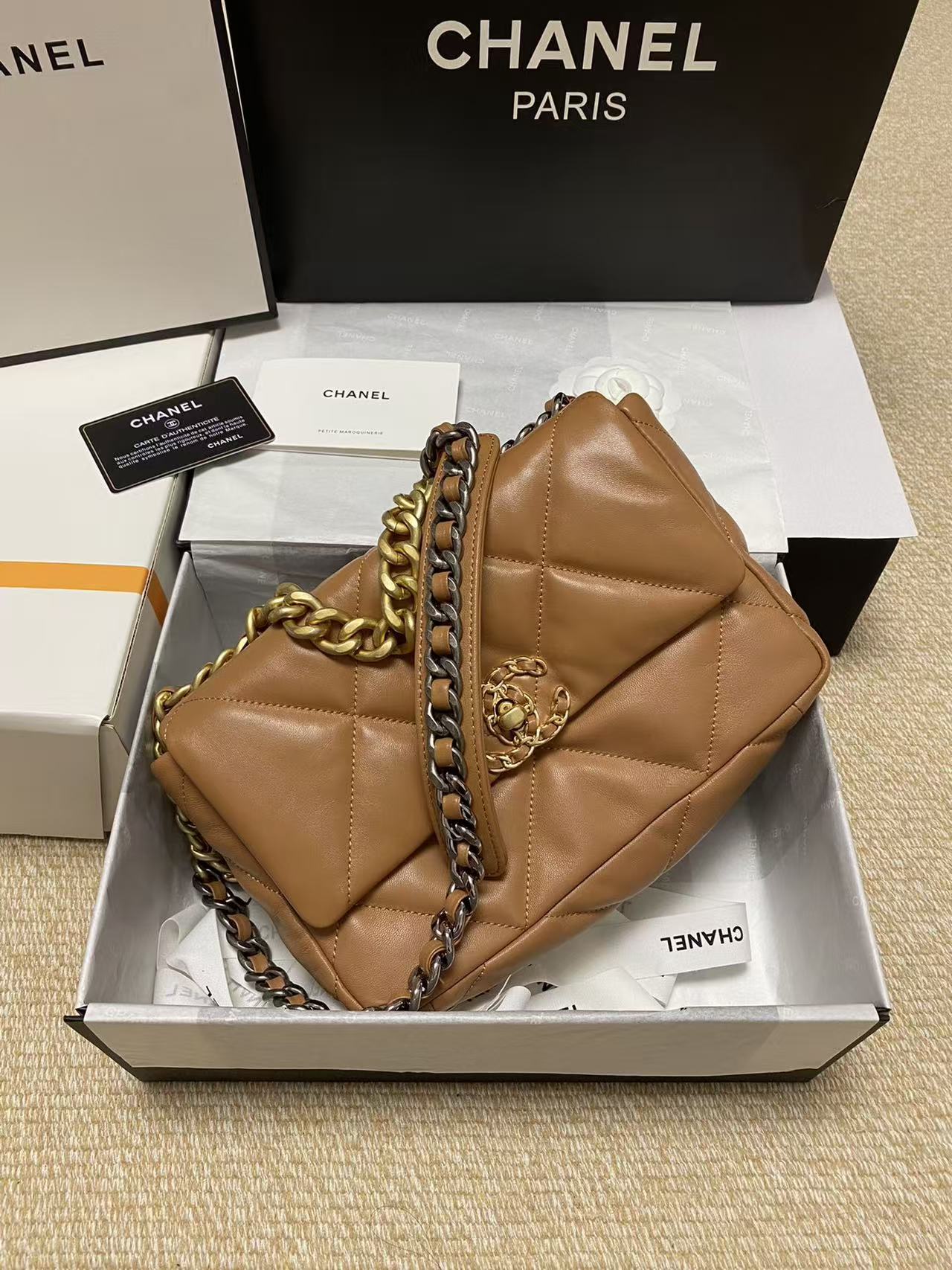 CHANEL 19 FLAP BAG 26 TAN GOATSKIN