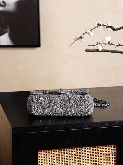 Chanel 2026 Flap Bag 21cm Silver Gray Chevron Sequin