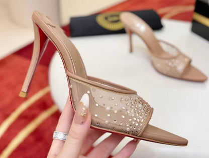 Christian Louboutin 2026 Miss Z Degrasstrass Perla 80mm Mule Beige Red Mesh Leather
