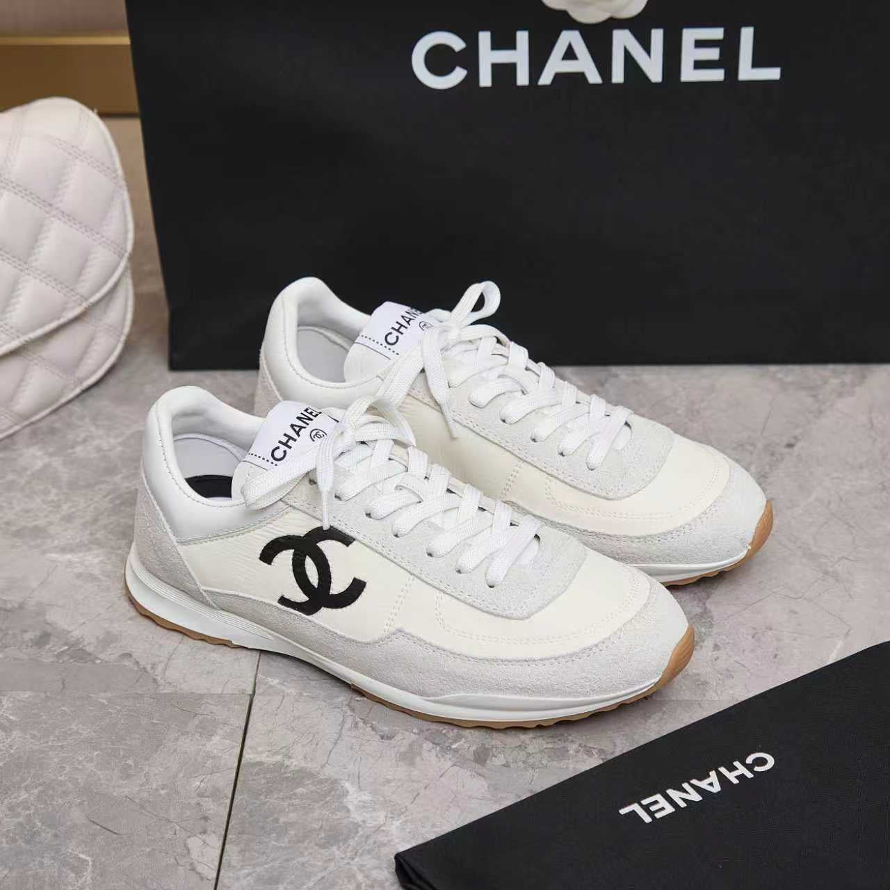 Chanel 2026 Sneaker White Black Fabric And  Embossed Suede Calfskin