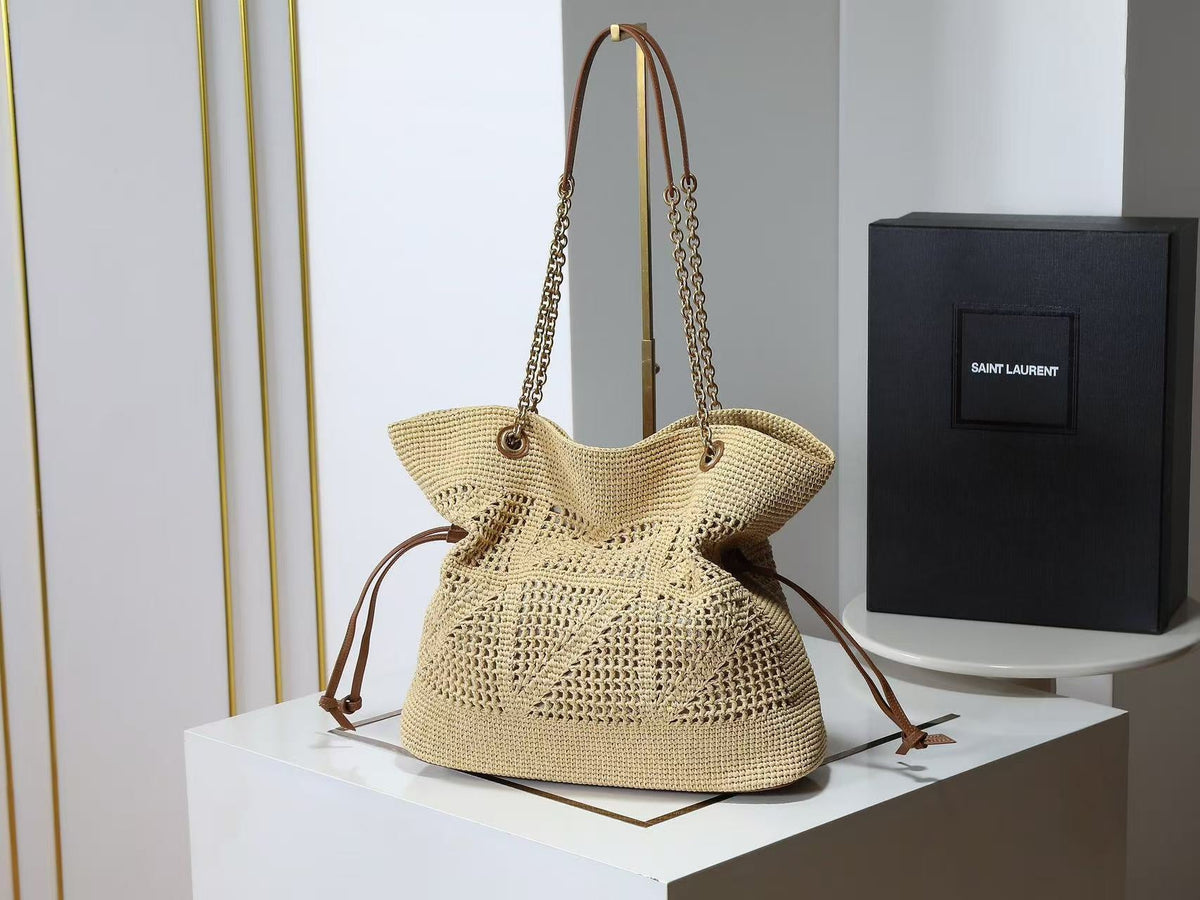 YSL Jamie Shopping Bag 35cm Dark Brown Beige Raffia Leather