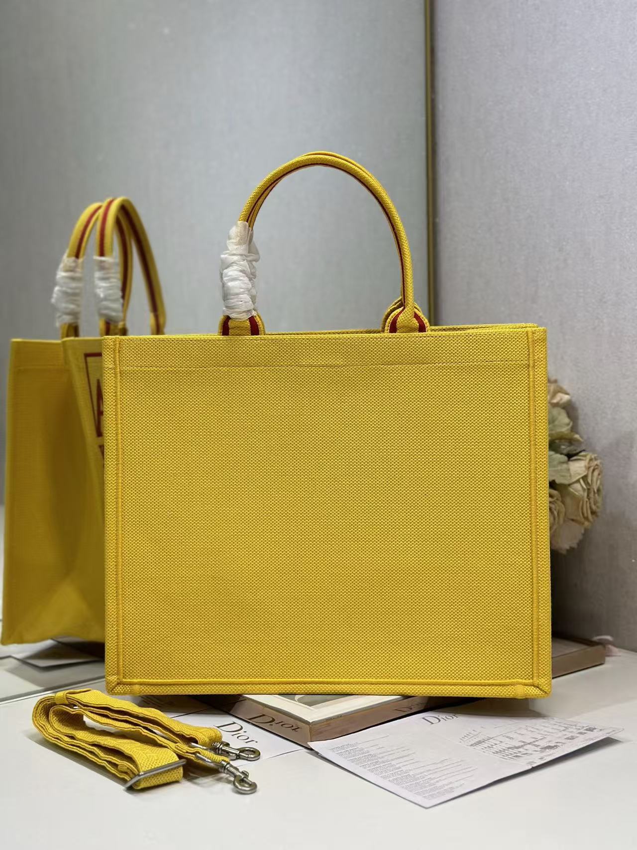 Dior 2026 Book Tote with Strap Yellow and Red Book Cover Embroidery