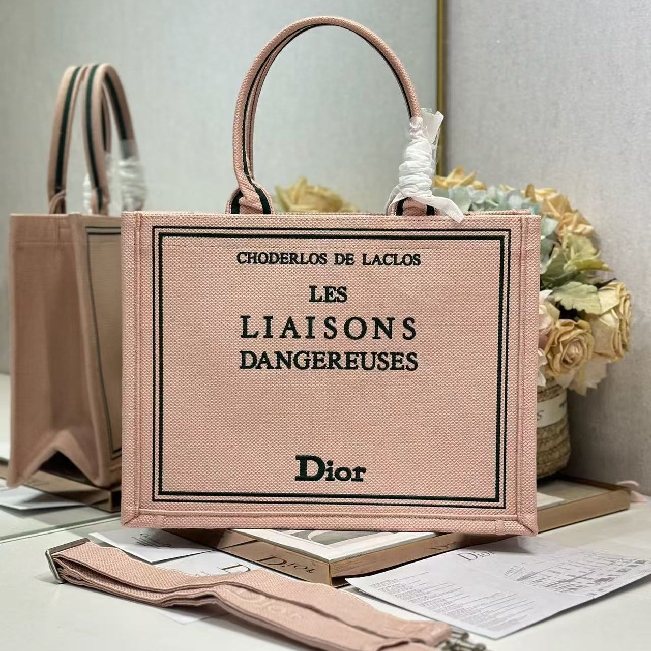 Dior 2026 Book Tote Bag 36cm Embroidered "Les Liaisons Dangereuses" Pink Canvas