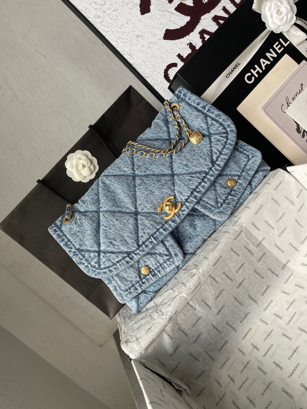 Chanel 26s Flap Bag 47cm Light Blue Mix White Denim