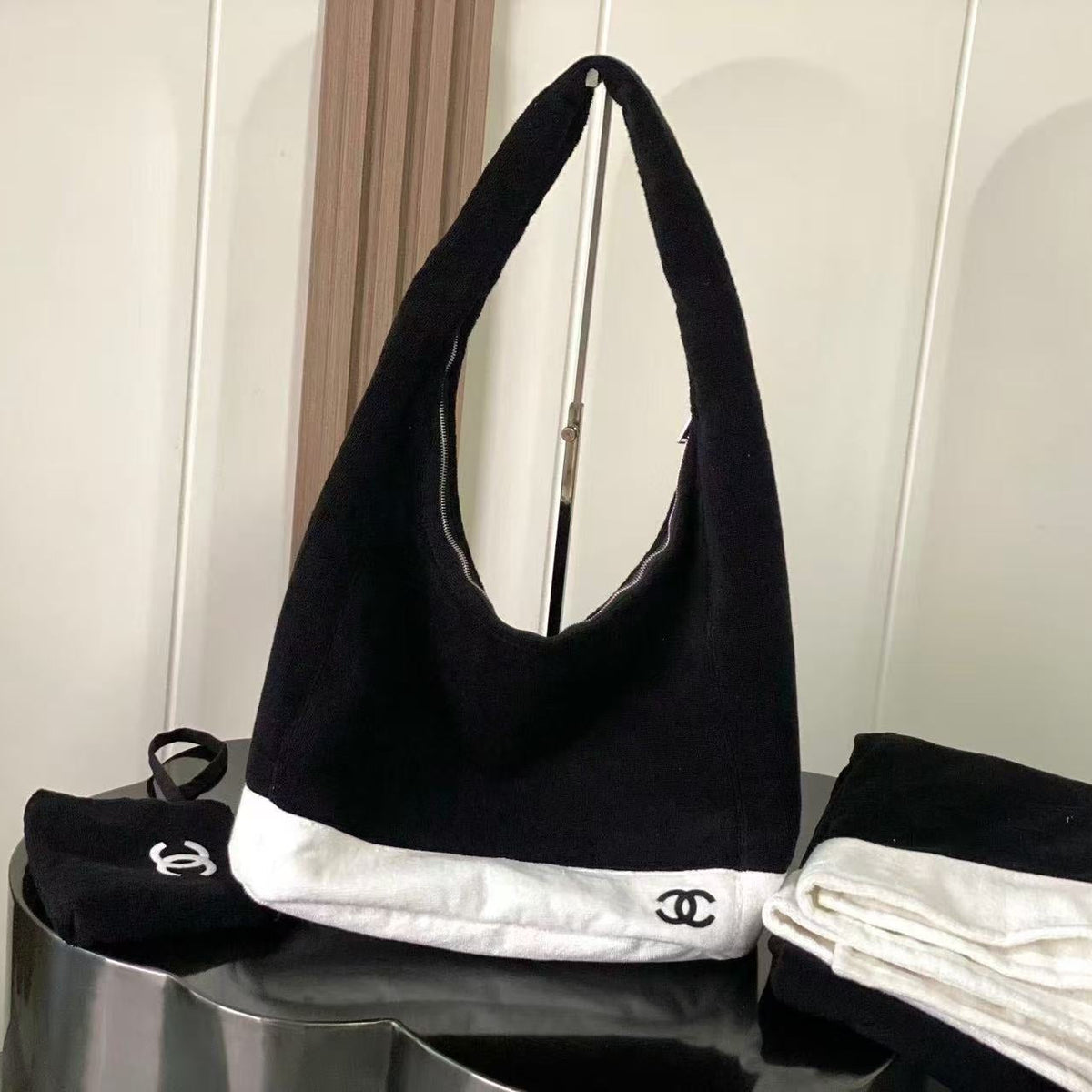 CC 2026 Beach Large Bag Black White Cotton 02 (Bag+Small Bag+Towel)