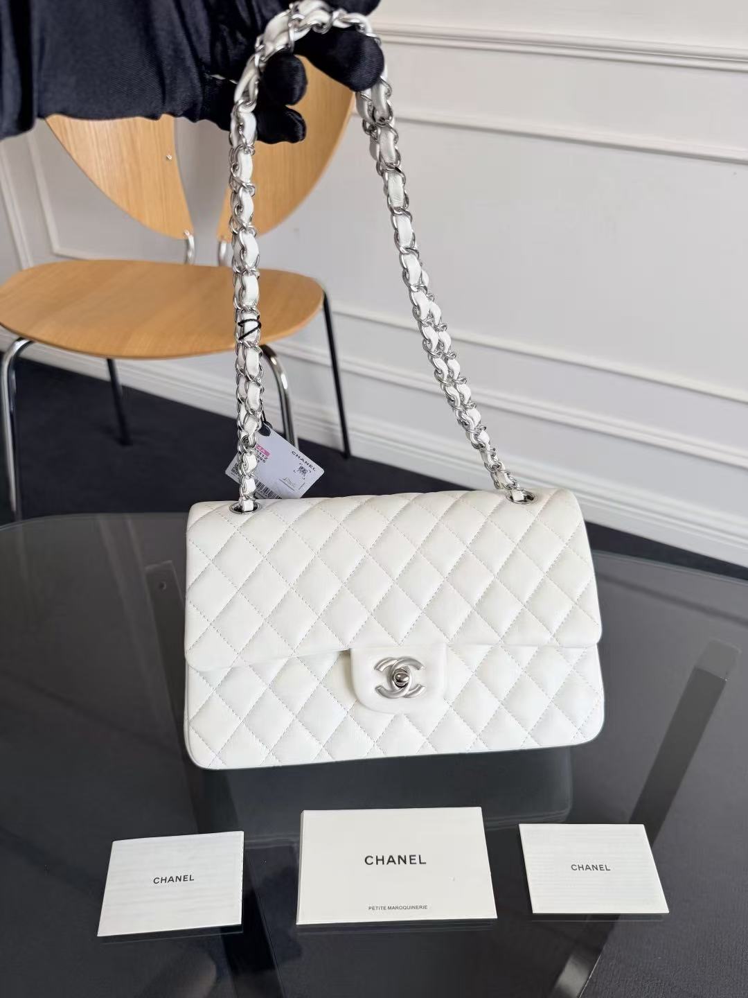 CC Flap Bag Jumbo 23cm White Lambskin Silver Hardware