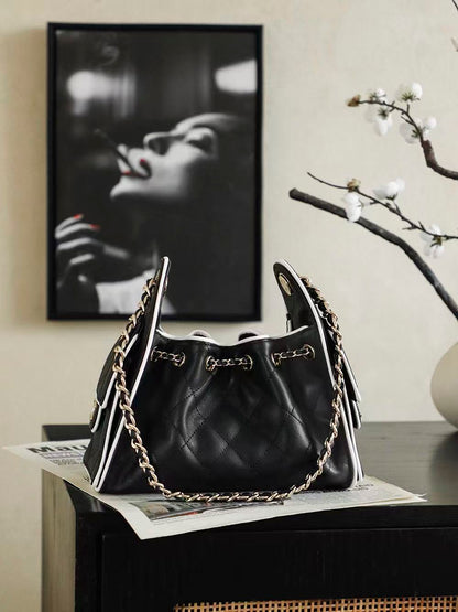 Chanel 2026 Hobo Bag 22cm Black White Calfskin