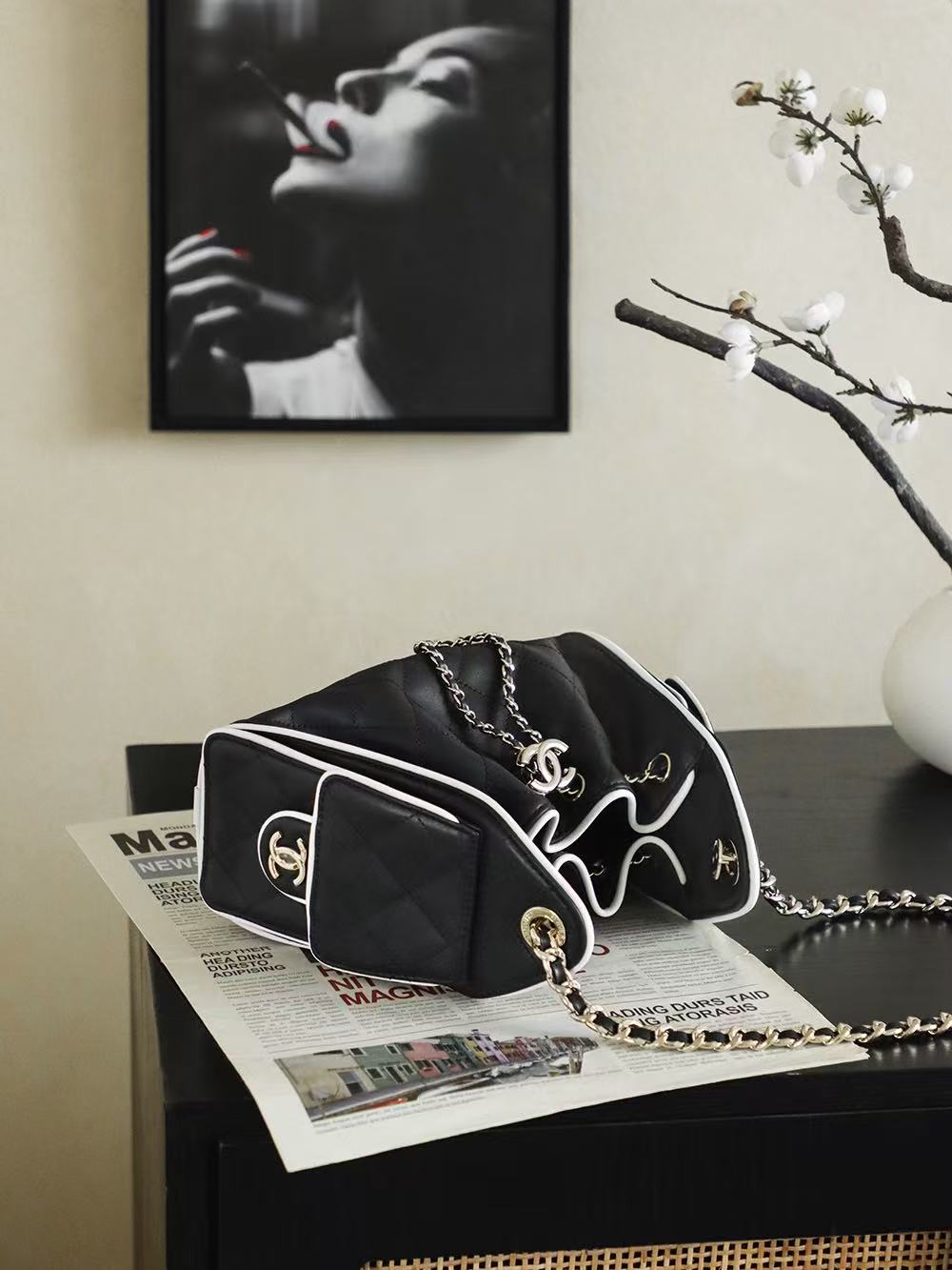Chanel 2026 Hobo Bag 22cm Black White Calfskin
