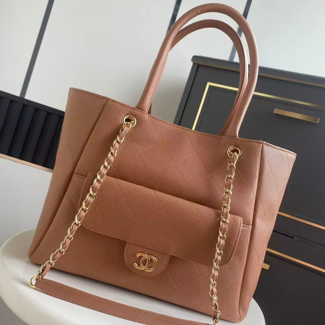 Chanel 2026 Shopping Bag 39cm Brown Grained Calfskin