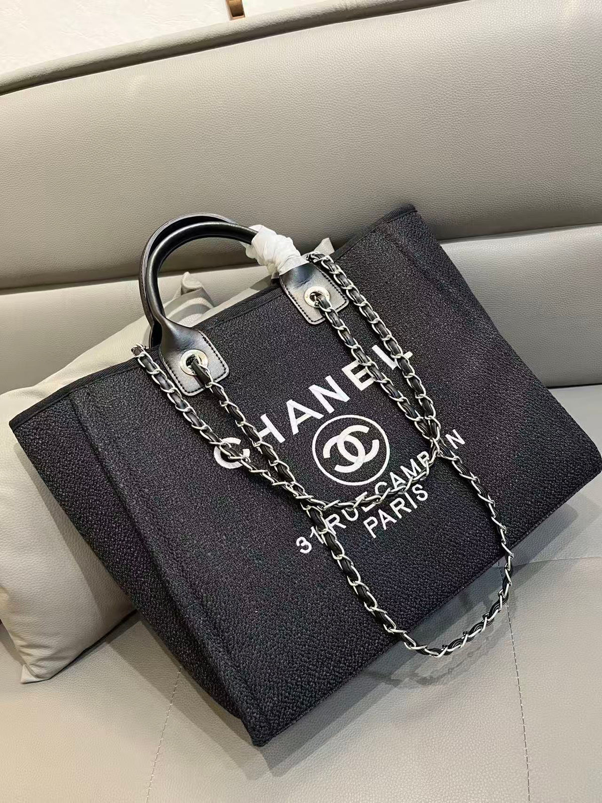 CC Deauville Tote Bag White Lettering Chain Strap 38cm Black Denim
