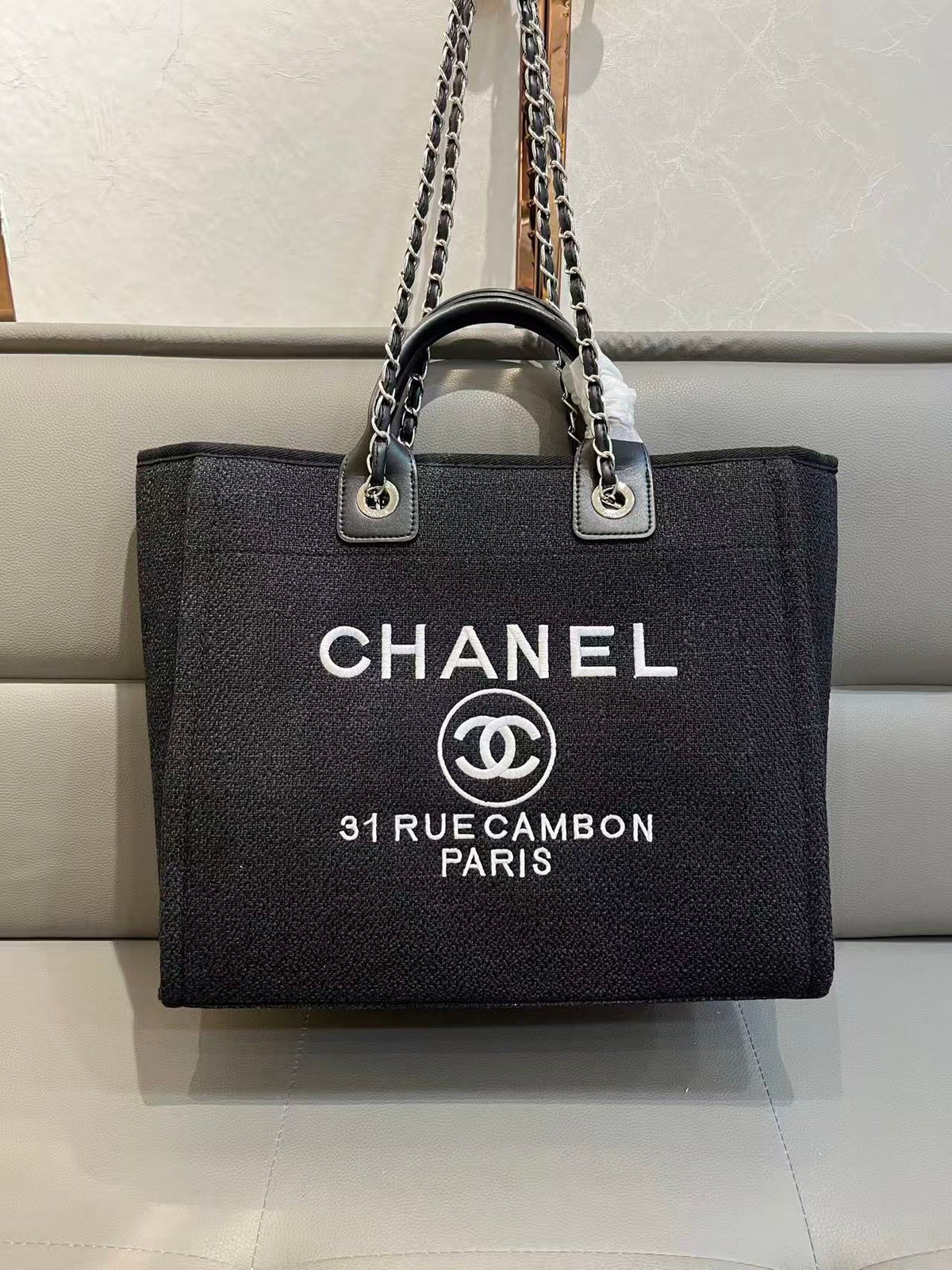 CC Deauville Tote Bag White Lettering Chain Strap 38cm Black Denim