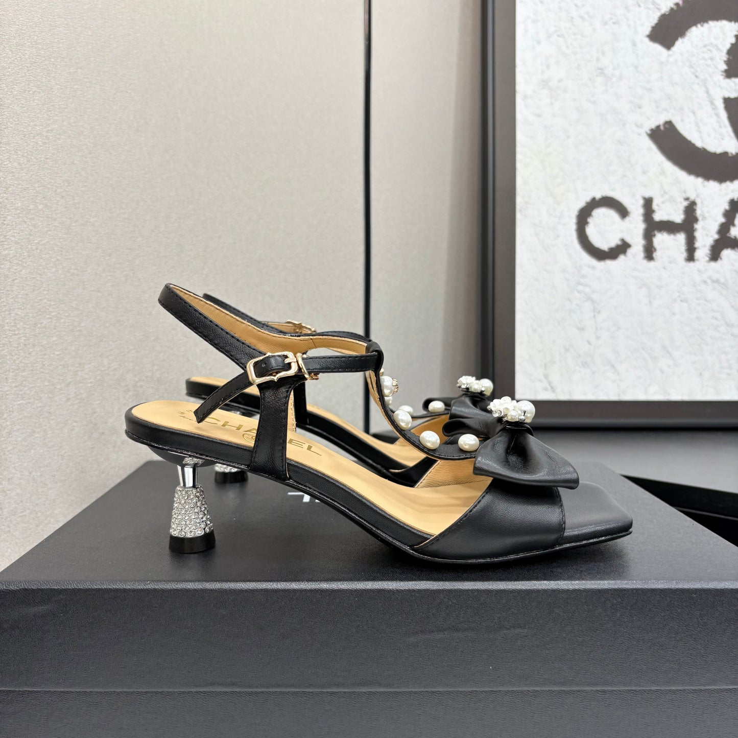 Chanel 2026 Bow Pearl Sandal Black Sheepskin