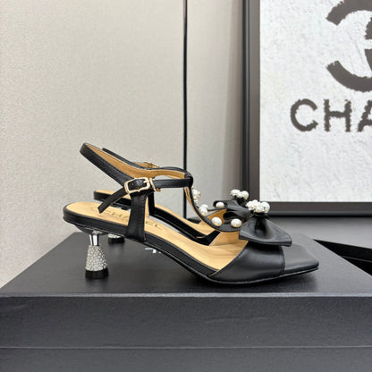 Chanel 2026 Bow Pearl Sandal Black Sheepskin