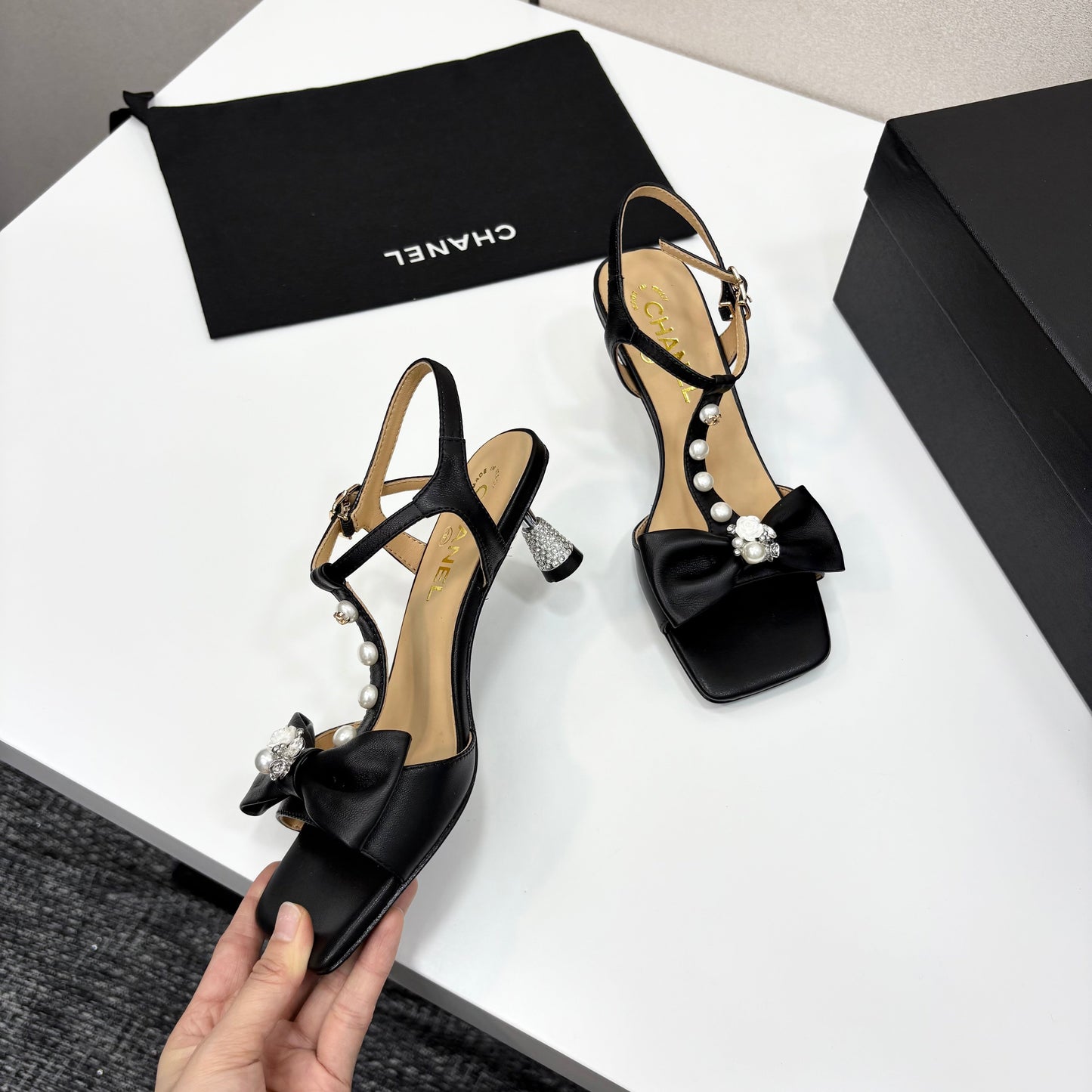 Chanel 2026 Bow Pearl Sandal Black Sheepskin