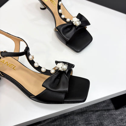 Chanel 2026 Bow Pearl Sandal Black Sheepskin